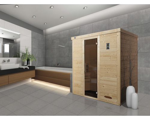 Sauna en bois massif Weka Kemi GT taille 4 avec poêle 7,5 kW et commande numérique avec porte entièrement vitrée couleur graphite