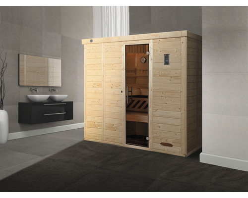 Sauna en bois massif Weka Kemi GT taille 5 avec poêle bio 7,5 kW et commande numérique avec porte entièrement vitrée couleur graphite