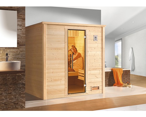 Sauna en bois massif Weka Bergen GT taille 1 avec poêle 7,5 kW et commande numérique avec porte entièrement vitrée couleur graphite