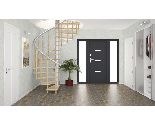 Entrée avec escalier en colimaçon, porte d''entrée et armoire de vestiaire