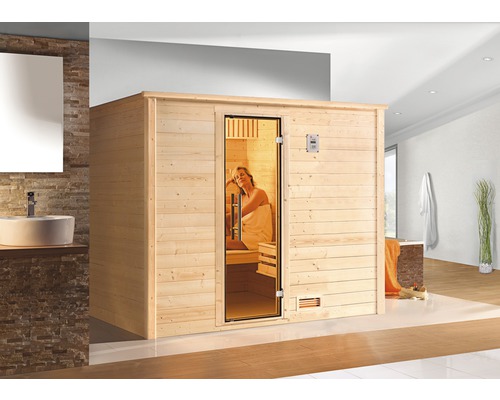 Sauna en bois massif Weka Bergen GT taille 3 avec poêle 7,5 kW et commande numérique avec porte entièrement vitrée couleur graphite