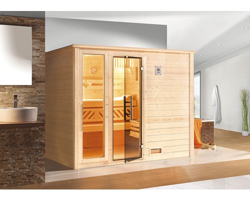 Sauna en bois massif Weka Bergen GTF taille 3 avec poêle bio 7,5 kW et commande numérique, avec fenêtre et porte entièrement vitrée couleur graphite