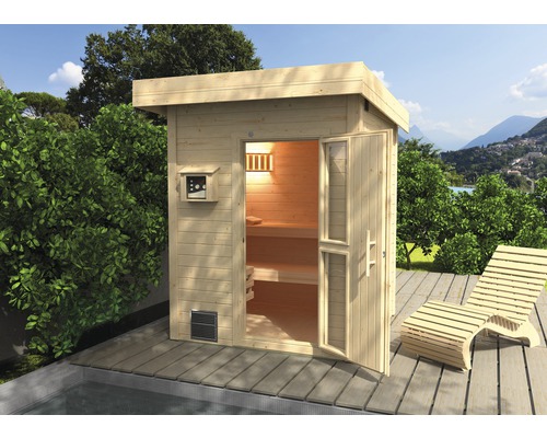 Chalet sauna Weka Naantali avec poêle bio 9 kW et commande externe, avec portes en bois et verre à isolation thermique