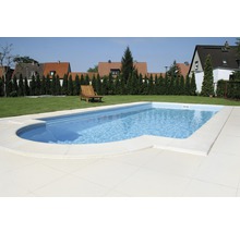 Piscine dans le jardin avec une chaise longue sur la pelouse