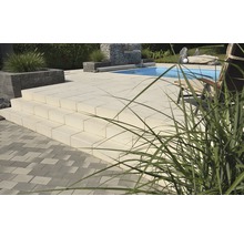 Jardin avec escalier en pierre, piscine et mur de gabions
