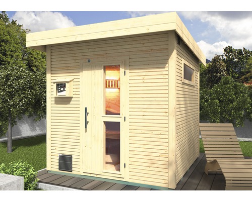 Chalet sauna Weka Kuopio avec poêle 9 kW et commande externe, avec portes en bois et verre à isolation thermique