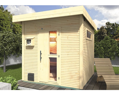 Chalet sauna Weka Kuopio avec poêle bio 9 kW et commande externe, avec portes en bois et verre à isolation thermique