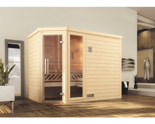 Sauna en bois massif Weka Turku d'angle GTF taille 3 avec poêle 7,5 kW et commande numérique, avec fenêtre et porte entièrement vitrée couleur graphite