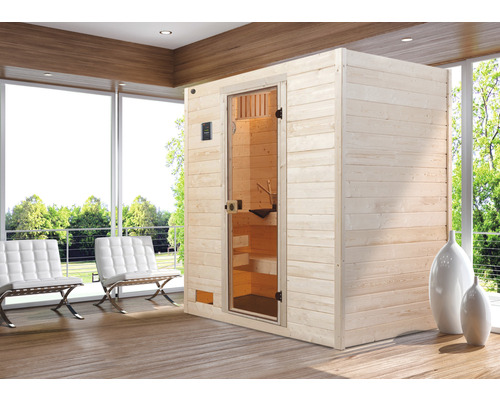 Sauna en bois massif Weka Valida GT taille 3 avec poêle 9 kW et commande intégrée, avec porte entièrement vitrée en verre transparent