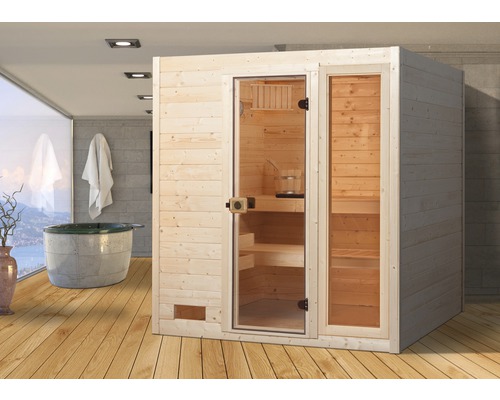 Sauna en bois massif Weka Valida GTF taille 3 avec poêle 9 kW et commande intégrée, avec fenêtre et porte entièrement vitrée en verre transparent