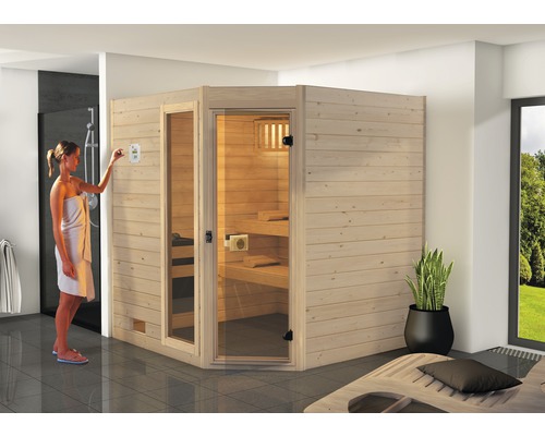Sauna en bois massif Weka Valida d'angle GTF taille 2 avec poêle 9 kW et commande intégrée, avec fenêtre et porte entièrement vitrée en verre transparent