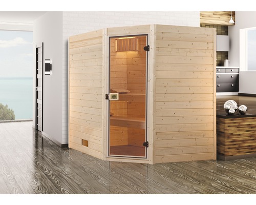 Sauna en bois massif Weka Valida d'angle GT taille 3 avec poêle 9 kW et commande intégrée, avec porte entièrement vitrée en verre transparent