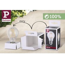 Logo Paulmann, lampe LED avec culot E27 et emballage, mention 100 % recyclable