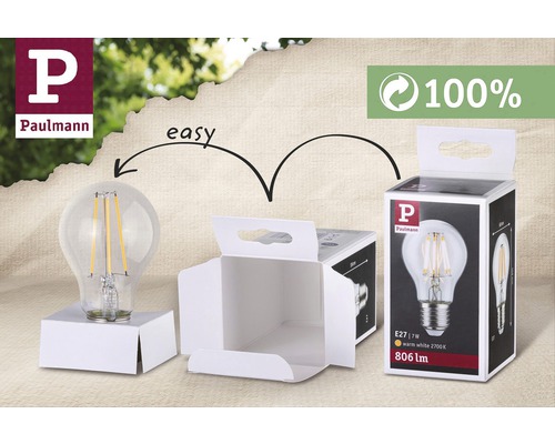 Paulmann Logo, LED Lampe mit E27 Fassung und Verpackung, Hinweis 100 Prozent recycelbar