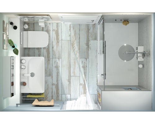 Salle de bains avec toilettes, lavabo et douche avec plancher en bois