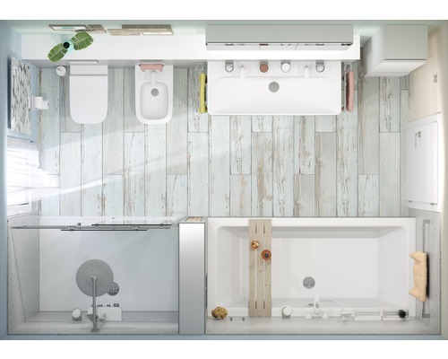 Vue de dessus d''une salle de bains avec WC, bidet, lavabo, douche et baignoire