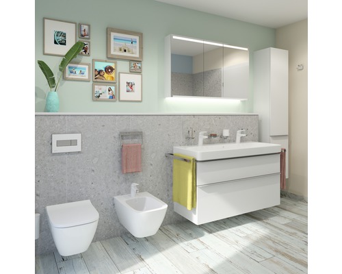 Salle de bain moderne avec WC, bidet, meuble sous-lavabo et armoire de toilette