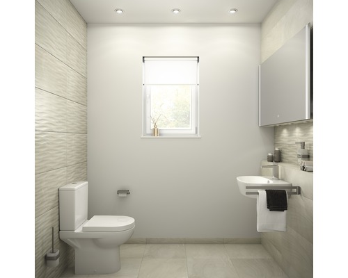 Salle de bain lumineuse avec WC, lavabo, armoire de toilette et fenêtre