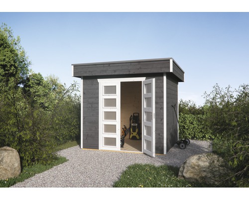 Chalet de jardin en madriers SKAN HOLZ Venlo 1 avec plancher 290 x 290 cm gris ardoise