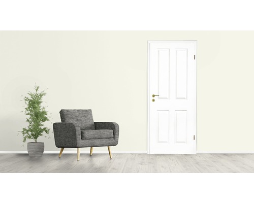 Salon avec fauteuil, plante et porte