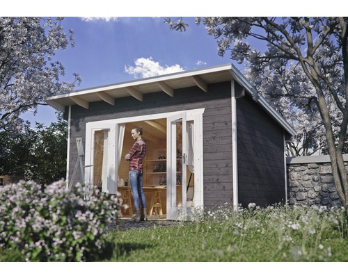 Chalet de jardin en madriers SKAN HOLZ She Shed Ostende 1 avec plancher 390 x 310 cm gris ardoise