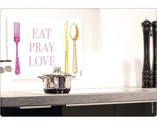 Panneau décoratif de crédence de cuisine avec l''inscription Mange Prie Aime et des illustrations de couverts