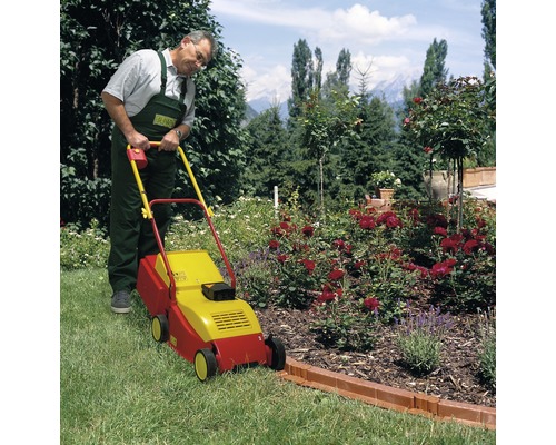 Mann benutzt einen Rasenkantenschneider im Garten.