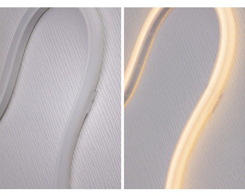 Nahaufnahme einer flexiblen LED-Leiste, einmal ausgeschaltet und einmal eingeschaltet.