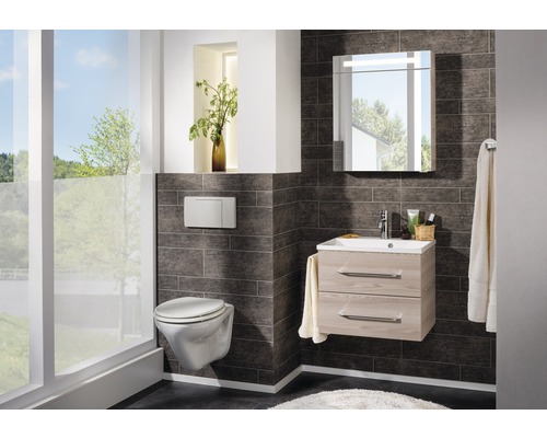 Modernes Badezimmer mit Wandtoilette, Waschtisch und Spiegelschrank