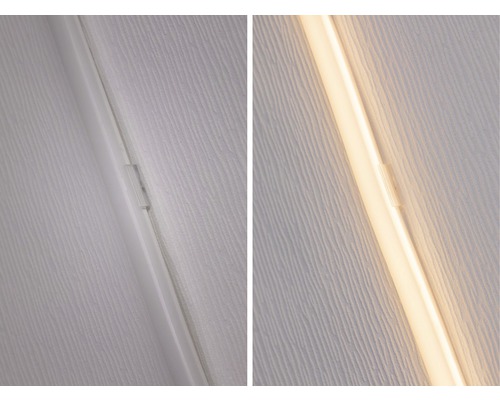 Aufnahme einer LED-Leiste an der Wand, einmal beleuchtet und einmal unbeleuchtet.