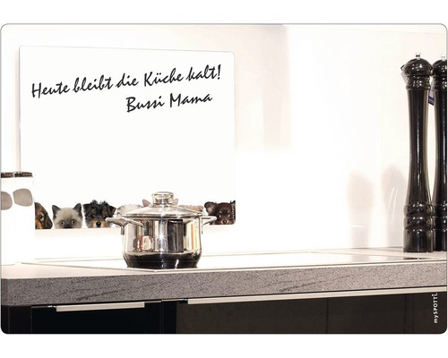 "Tableau magnétique myspotti avec motif de chien et le texte ""Aujourd''hui, la cuisine reste froide ! Bussi Mama"" dans une cuisine"