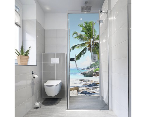 Panneau mural de douche mySpotti Fresh Seychelles mer palmiers 255 x 100 cm FS-F1-1401