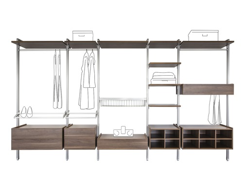 Système d''armoire configurable avec étagères, tiroirs et tringles