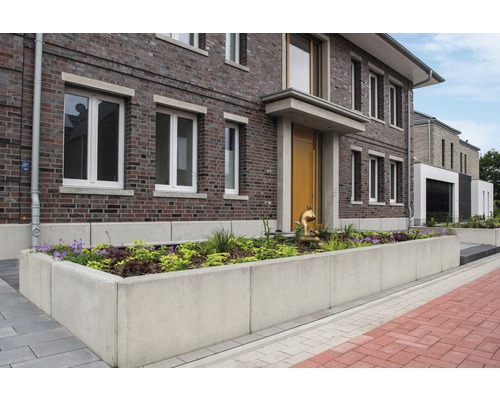 Façade de maison avec jardinière en béton et plantations