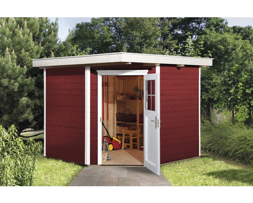 Abri d'angle en madriers weka 229 avec plancher 270 x 270 cm rouge de Falun Abri de jardin en bois avec porte ouverte et étagères