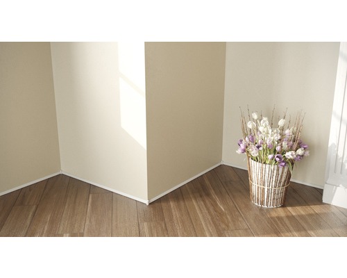 Eckansicht eines Raumes mit Holzboden, Sockelleisten und einem Blumenarrangement in einem dekorativen Topf