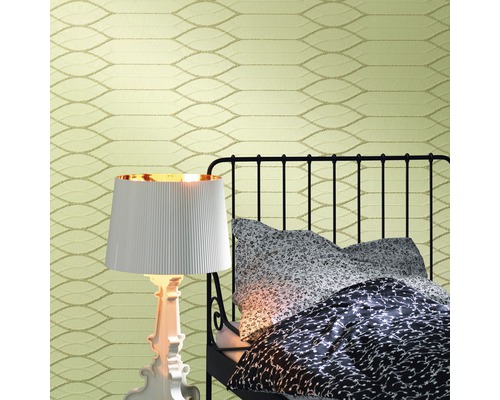 Papier peint non tissé 9430 Patent Decor 3D blanc Chambre avec lit, lampe et papier peint à motifs