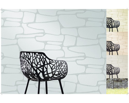 Papier peint à motifs avec design en pierre et chaise design noire