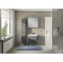 Modernes Badezimmer mit Waschtisch, Spiegelschrank, Hochschrank und Dusche