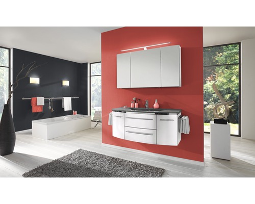 Salle de bain moderne avec meuble-lavabo, armoire de toilette, baignoire et décoration