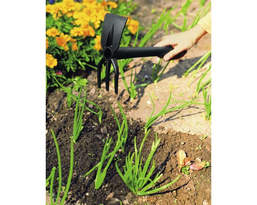 Jardinage avec une houe combinée dans le jardin