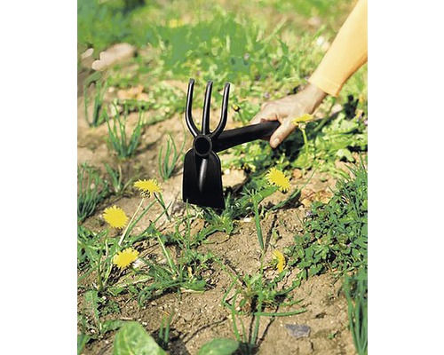 Sarcloir de jardin avec trois dents en cours d''utilisation dans le jardin.