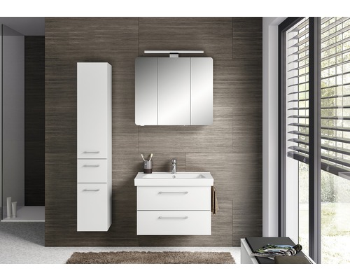 Modernes Badezimmer mit Waschbeckenunterschrank, Spiegelschrank und Hochschrank