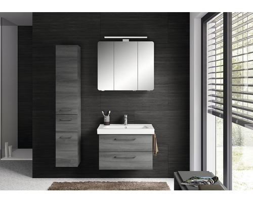 Salle de bains avec meuble-lavabo, armoire de toilette et armoire haute au design moderne
