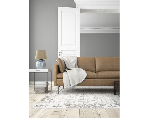 Salon avec canapé en cuir, tapis et porte ouverte