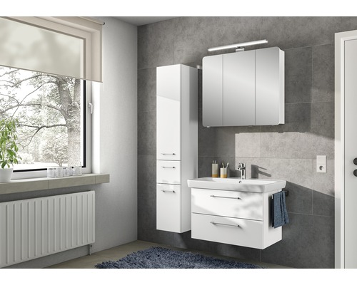 Salle de bain moderne avec meuble sous-vasque, armoire de toilette et armoire haute