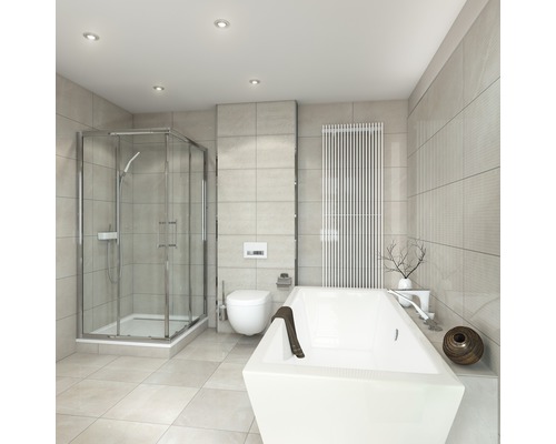 Salle de bain moderne avec douche, baignoire, toilettes et radiateur