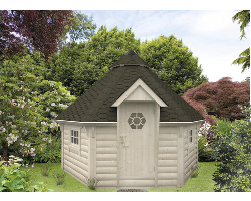 Pavillon de jardin hexagonal en bois avec toit et fenêtres
