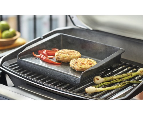 Grill mit Grillplatte, Burger, Peperoni und Frühlingszwiebeln