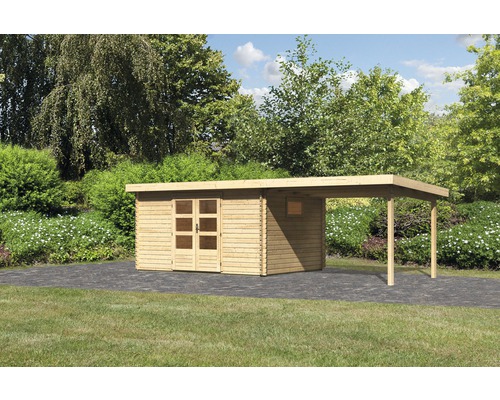 Maison de jardin en bois avec abri de voiture à l''extérieur